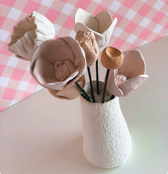 Clay Flowers and Vase - Handmade & Unglazed