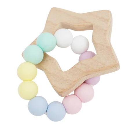 Star Silicone + Beechwood Teether Ring (Pastel Rainbow)
