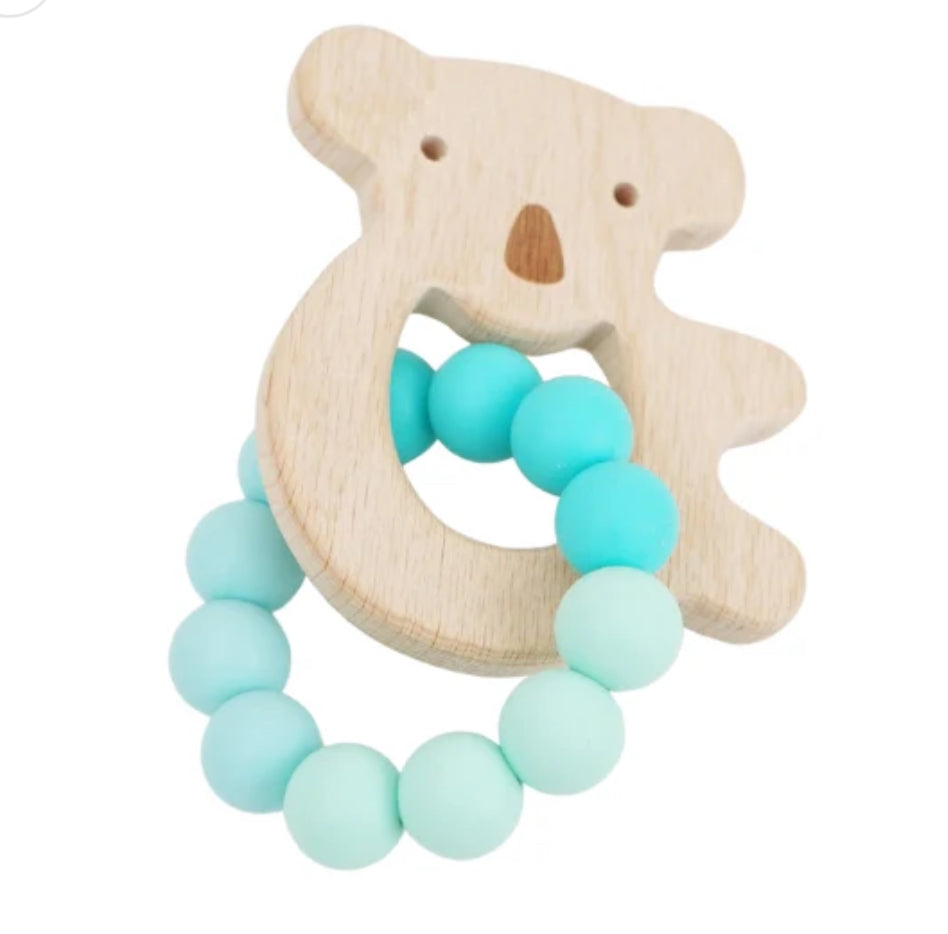 Koala Silicone + Beechwood Teether Ring (Ocean Teal)