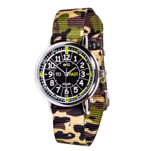 EasyRead Wrist Watch – Black & Green Face – Past & To – Green Camo Strap